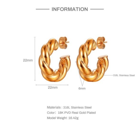 18k Gold Plated Twisted Geometric Chunky Stud Earrings - Picture 7 of 8